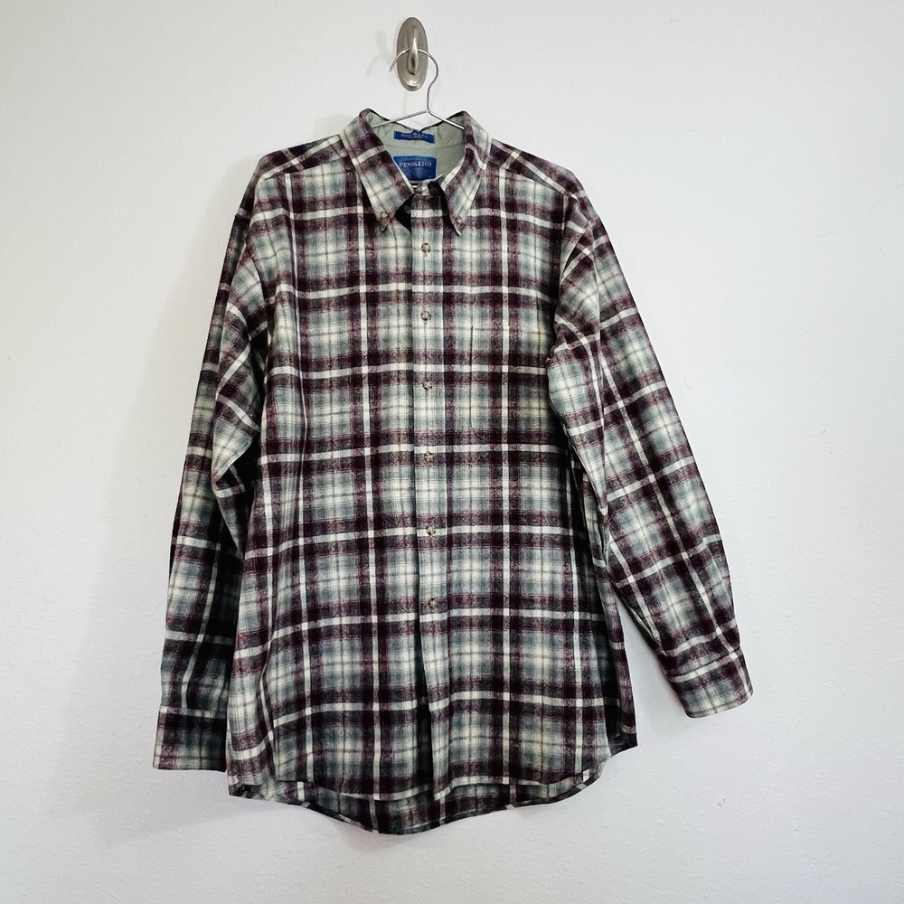 Vintage Pendleton 100% Virgin Wool Plaid Red Gray Shirt Made In USA Men's Large